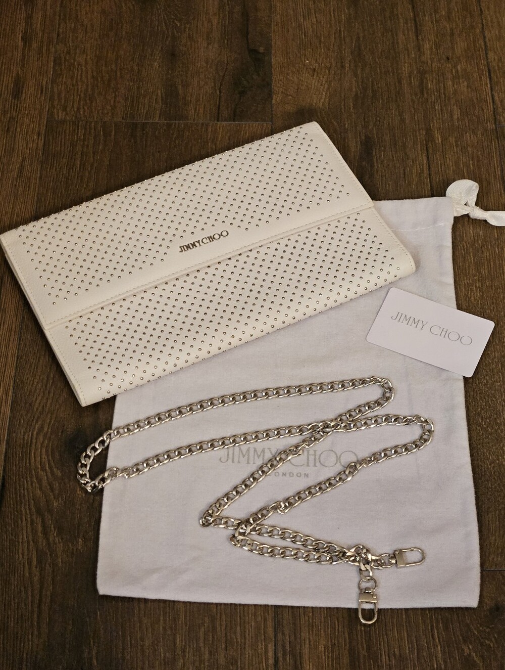 NEW Jimmy Choo Studded Leather Clutch Ivory Silver + Dust Bag + Silver Chain